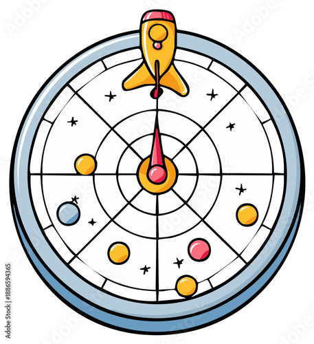 Cartoon illustration of a rocket ship aiming at planets inside a round dial.