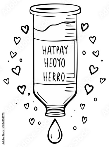 Hand drawn illustration of a drip bag with hearts and a drop falling
