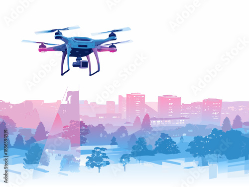 A modern drone flies above a colorful city skyline and winter trees
