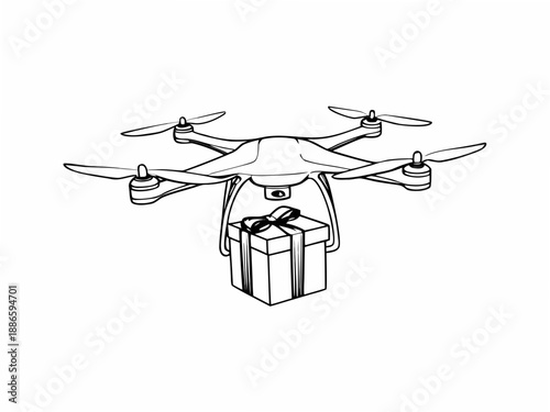 A drone delivering a gift a sketch illustration on a white background
