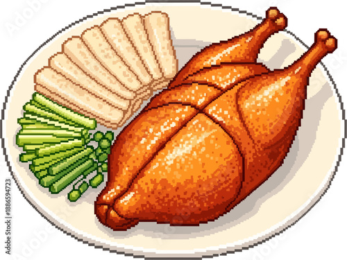 Exquisite traditional roasted duck served with delicate pancakes and fresh spring onions, presented as a delicious, golden-brown culinary masterpiece on a clean white plate, ready to be enjoyed