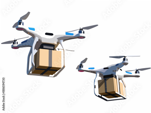 Two delivery drones with packages floating in mid air against a white background