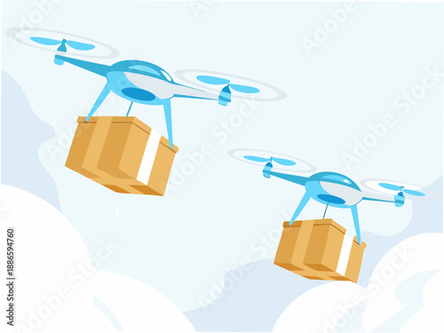 Delivery drones carrying cardboard boxes in a light blue sky illustration