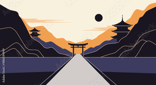 Serene Japanese Landscape with Torii Gate and Pagoda Towers Under a Full Moon