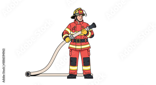 Firefighter in uniform holding hose on white background illustration