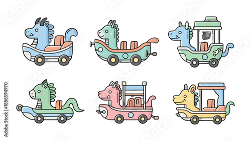 Colorful Horse Ride Collection: A charming set of illustrated horse ride toys, each uniquely designed with vibrant colors and playful features, ready for a day of imaginative fun.