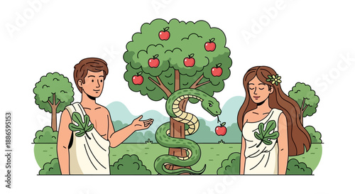 Illustration of Adam and Eve with Snake in Garden of Eden