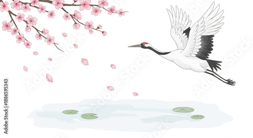 Elegant Japanese Crane Soars Through Blooming Cherry Blossoms Over Tranquil Pond