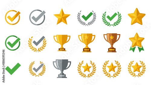 Collection of golden trophies and laurel wreaths with checkmarks and stars displayed together in a grid
