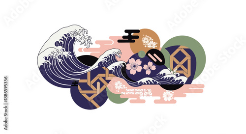Abstract Japanese Wave and Cherry Blossom Art with Geometric Shapes