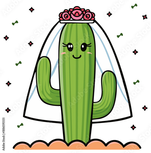 Adorable saguaro cactus character dressed as a bride with a wedding veil and rose flower crown