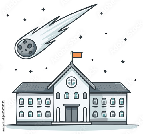 Falling meteor over school building at night illustration comic style with stars