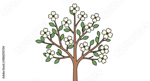 Simple cartoon illustration of a blossoming tree with white flowers