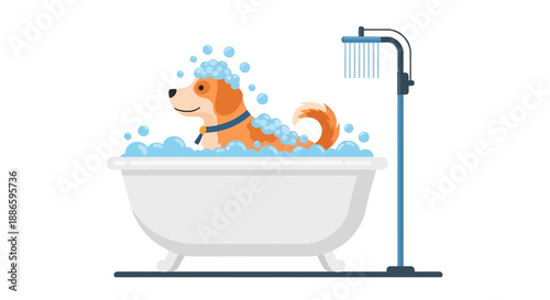 Cute dog enjoying a bath in a white bathtub with bubbles