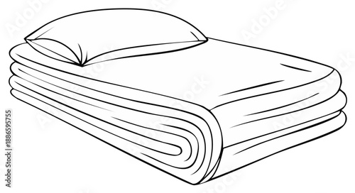 Folded Stack of Bed Sheets and Pillow Illustration in Black and White