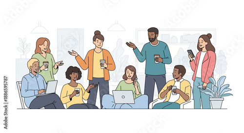 A Diverse Group of Young Professionals Collaborating in a Modern Office Setting, Discussing Ideas and Enjoying Coffee Breaks