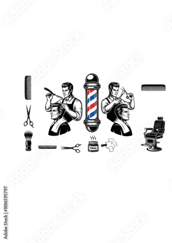 Traditional Barber Shop Silhouette, Male Grooming with Straight Razor, Professional Hair Stylist and Mens Beauty Culture Vector Design
