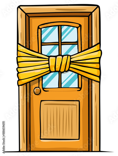 Wooden door with a decorative yellow ribbon tied in a bow across its glass pane