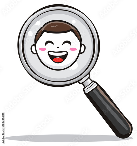 Magnifying glass with happy face looking at the viewer in cartoon style illustration