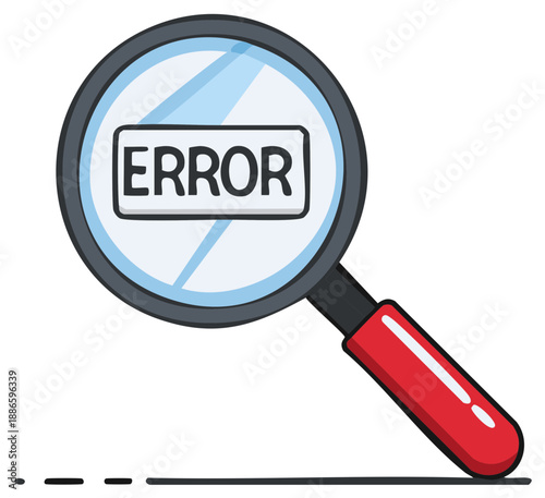 Magnifying glass highlights error message, concept of problem, inspection or search