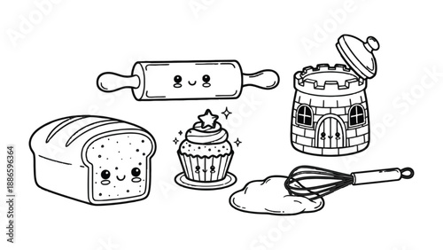 Bakery Delights: charming and captivating illustrated food scene. Featuring bread, cupcake, mixer, castle and rolling pin 