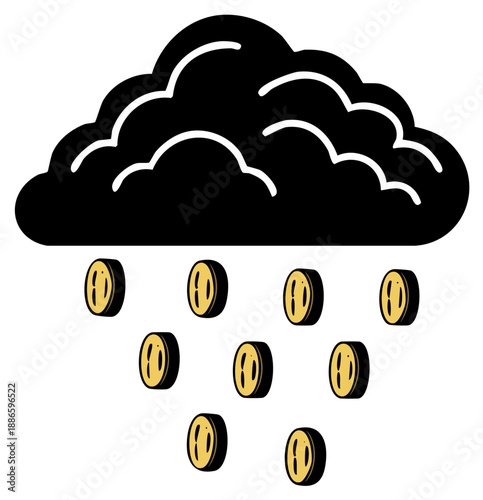 Black Cloud Raining Gold Coins Vector Icon for Wealth and Success Concepts