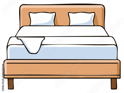 Cozy wooden double bed with pillows and turned down sheet cartoon illustration