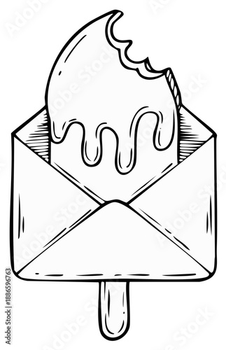 Hand-drawn illustration of an ice pop melting inside an open envelope on a stick