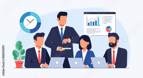 Corporate Team Meeting and Business Presentation Illustration. Manager discussing financial strategy, data analysis, and project performance review with staff.