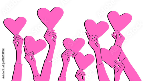 Illustration of multiple hands holding heart shapes symbolizing unity, love, support, and togetherness. Ideal for community and love campaigns.