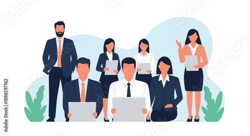 Diverse Business Team Meeting: Professional Staff Collaboration, Presentation, and Corporate Success. Modern Vector Illustration.