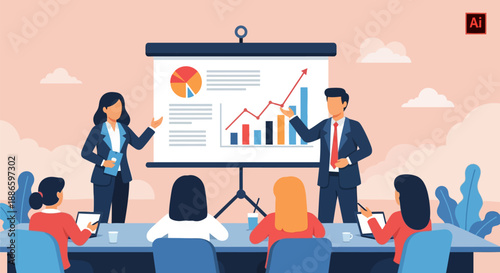 Corporate Business Team Presentation. Professionals Discussing Financial Growth Charts and Data Analysis in a Conference Meeting.