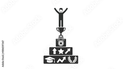 Triumphant athlete stands on podium with trophy and medals