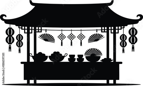 Black silhouette of a traditional chinese tea stall with fans and lanterns