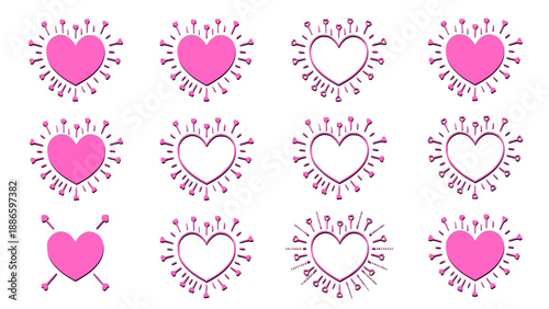 Seamless pattern of pink hearts with radiant lines, ideal for Valentine’s Day backgrounds, wallpapers, wrapping paper, and romantic surface designs.