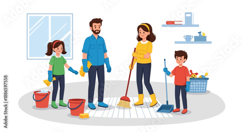 Family members together cleaning the house with various cleaning tools and supplies in a well-lit living room from a slightly elevated viewpoint
