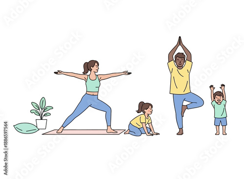 Family practicing yoga together on mats in a serene home environment from a straightforward viewpoint