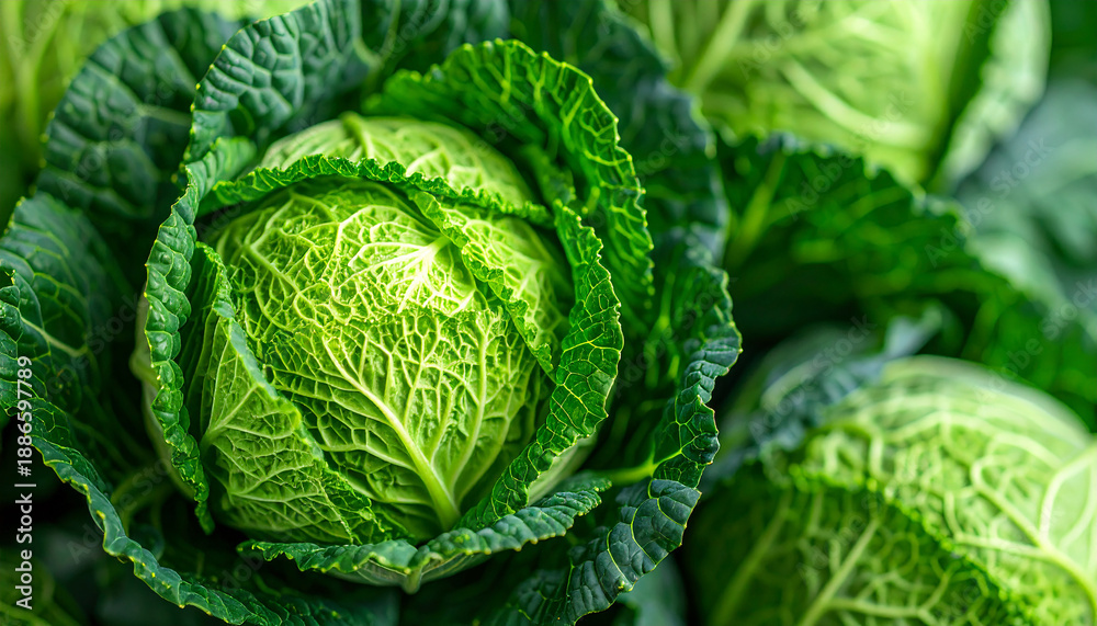 Obraz premium Fresh organic green cabbage, textured background. Tasty food. Natural farm vegetable. C