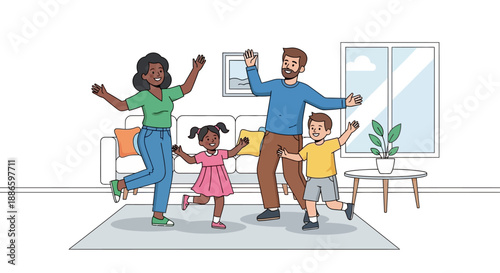 Happy family playing together in a bright living room with sofa and window view from above