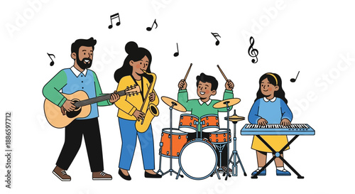 Group of musicians playing instruments together in a lively performance scene