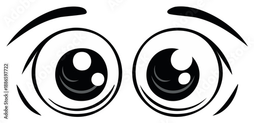 Cartoon Eyes Looking Forward, Vector Graphic. Black and White Open Eyes with Eyelashes and Pupils