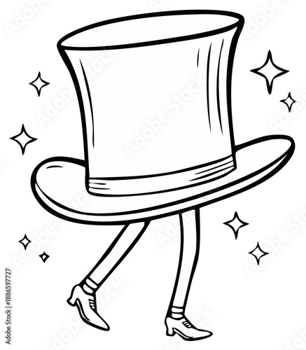 Whimsical Top Hat with Legs and Shoes Walking with Sparkles