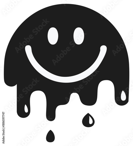Melting black smiley face with dripping effects expressing sadness or decay