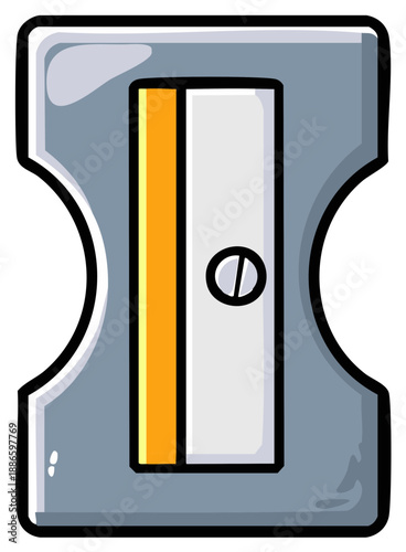 Cartoon style metal pencil sharpener with bright colors and black outline