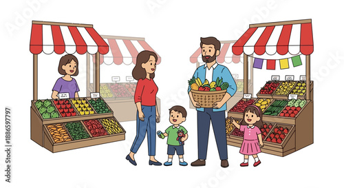 A family shopping together at a vibrant outdoor fruit and vegetable market stall scene