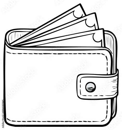 Open wallet with banknotes in sketch style for financial concept