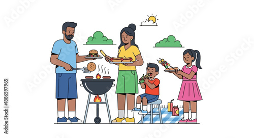 Family having a barbecue together on a sunny day outdoors with children playing