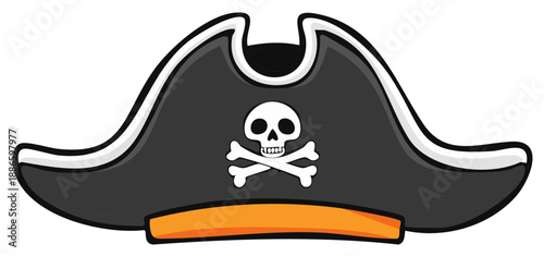 Cartoon pirate hat with skull and crossbones emblem and orange band