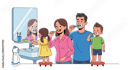 Family of four brushing their teeth together in a bathroom with multiple reflections in the mirror