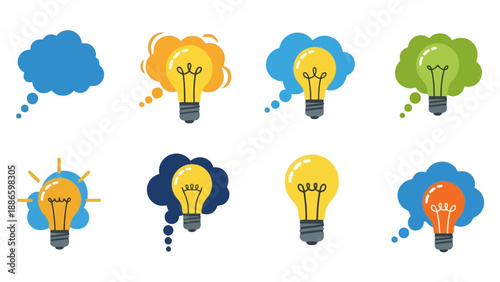 Creative Light Bulb Illustrations with Thought Clouds Representing Ideas and Innovation
